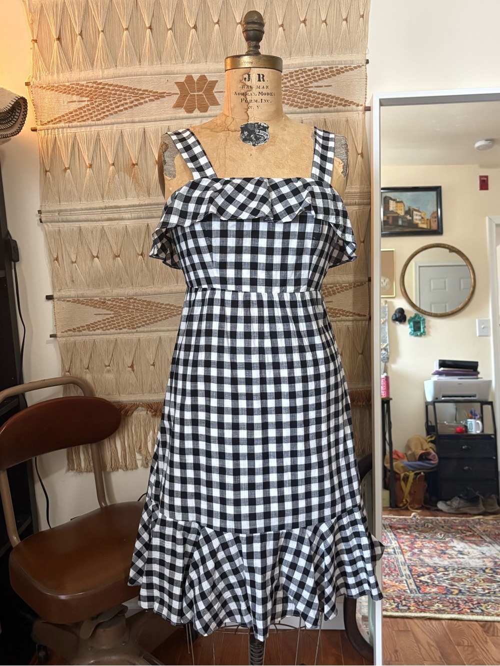 J. Crew Black and White Gingham Ruffle Midi Dress